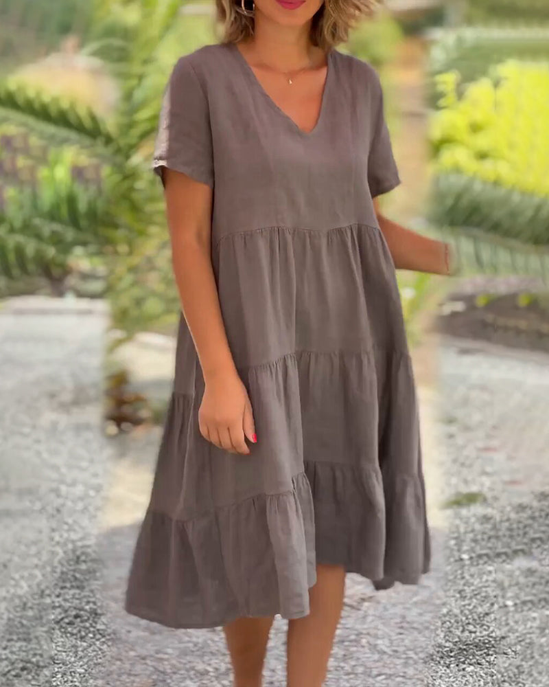 WW | Einfarbiges Kleid aus Baumwoll-Leinen mit V-Ausschnitt
