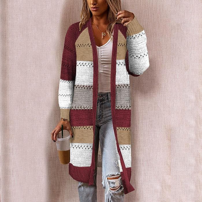 WW | Strickjacke Langer Offener Front Strukturiertes Muster Gerippte Bündchen