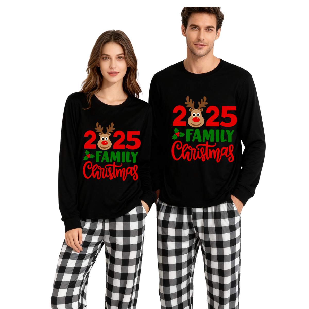 WW | "2025 Family Christmas" Elk Letter Print Black Long-Sleeve Top & Black-and-White Plaid Pants Family Matching Pajamas