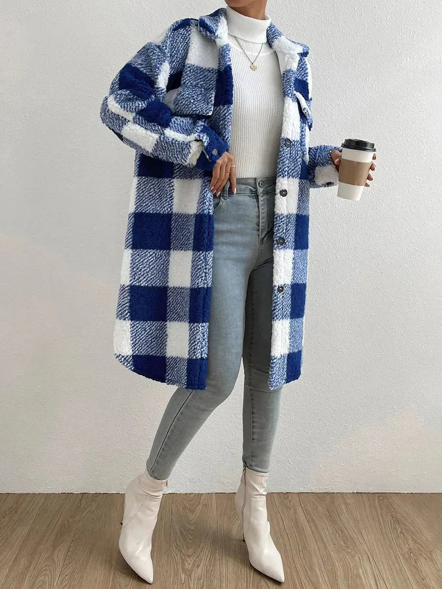 WW | Coat - Oversized Fit - Soft Teddy Texture - Checked Mid-Length Design