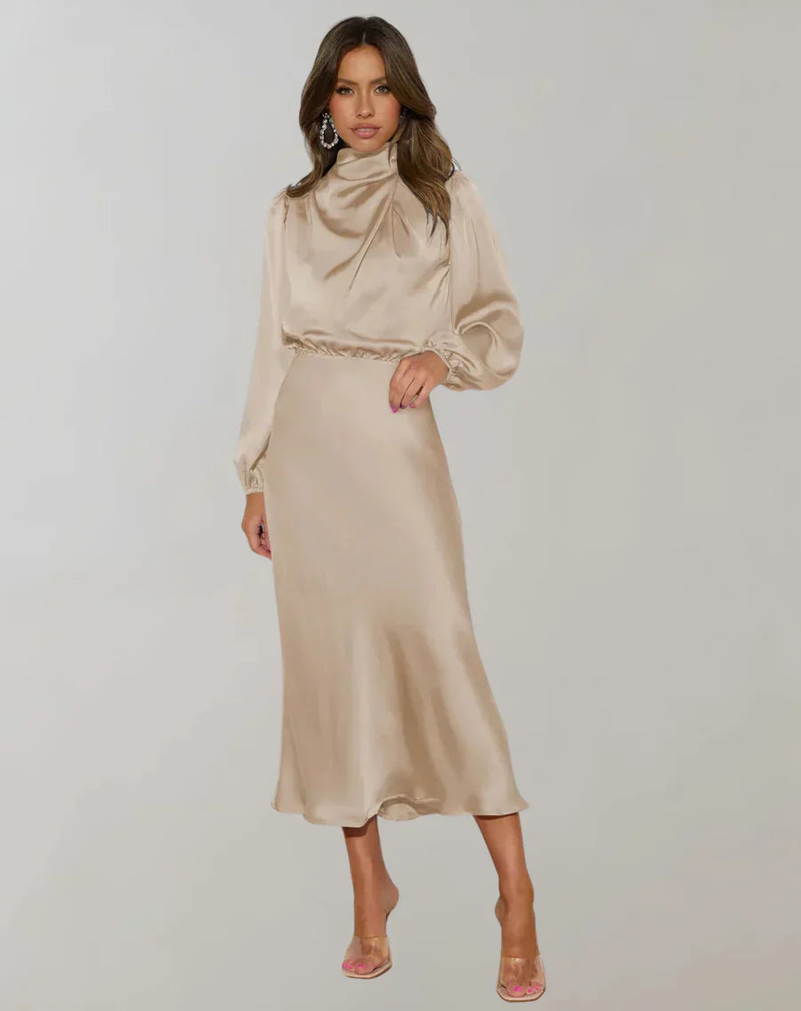 WW | Klassisches Satin Kleid Mit Hohem Kragen Und Langen Ärmeln Für Frauen