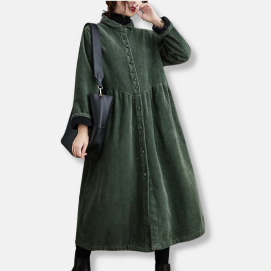 WW | Women's Long Coat – Corduroy Look – Loose A-Line Fit – High Neck – Midi Length