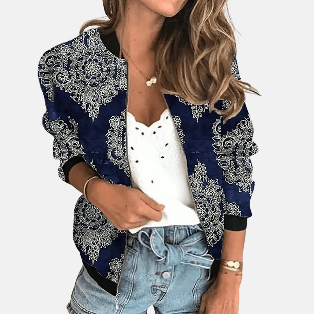 WW | Floral Bomberjacke - Leichter Reißverschluss mit botanischem Druck - Lässige Schicht für Übergangs wetter