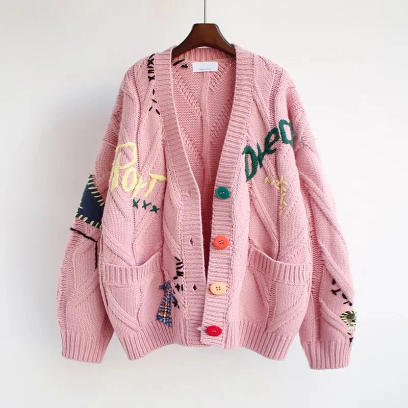 WW | Women's Knitted V-Neck Cardigan with Embroidery