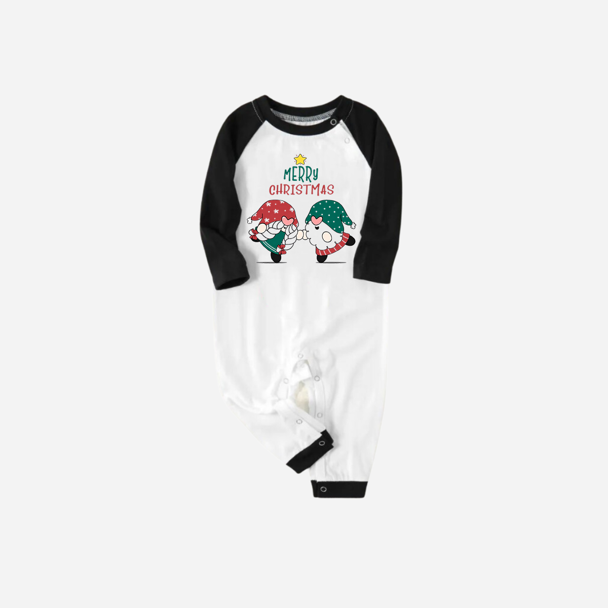 WW | Black Raglan Top Green Plaid Gnome & Merry Christmas Text Print Christmas Pajama Set