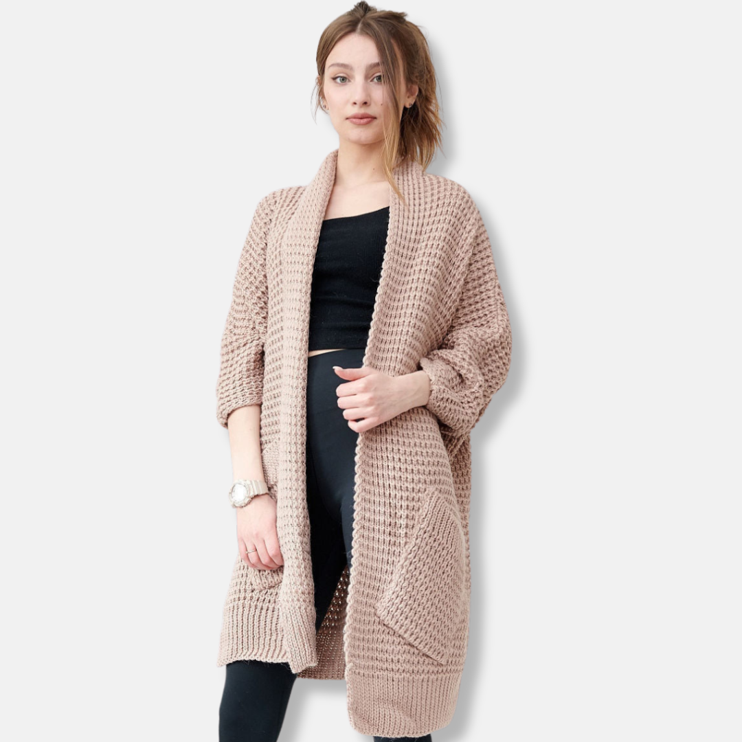 WW | Knitted Coat - Oversized Fit - Open Front - Patch Pockets - Ribbed Trims