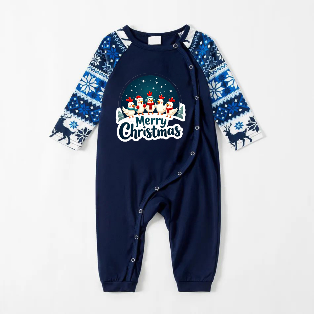 WW | Lustige blaue Weihnachts-Pyjama-Set mit glücklichen Küken und "Frohe Weihnachten" Textdruck