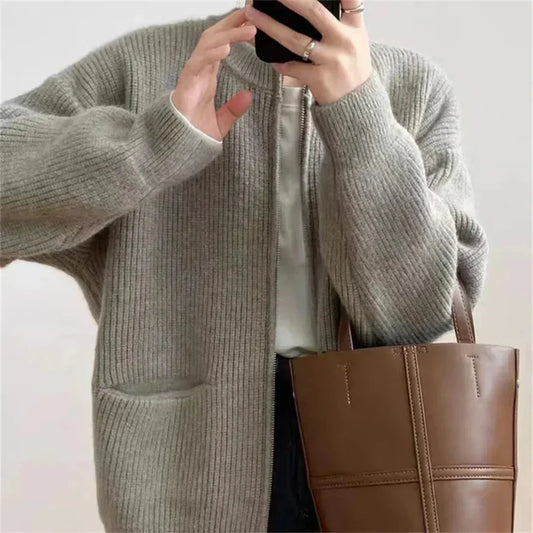 WW | Strickjacke Gerippter Strick Reißverschluss Und Taschen Lässige Passform