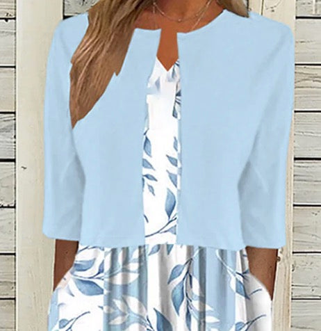 Unique midi dress with blue botanical pattern and jacket