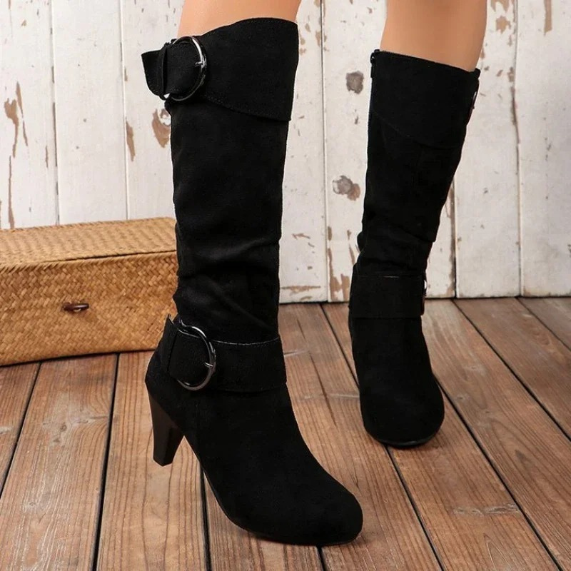 WW | Women's Knee-High Boots with Zipper and Buckle - Stylish Tall Boots