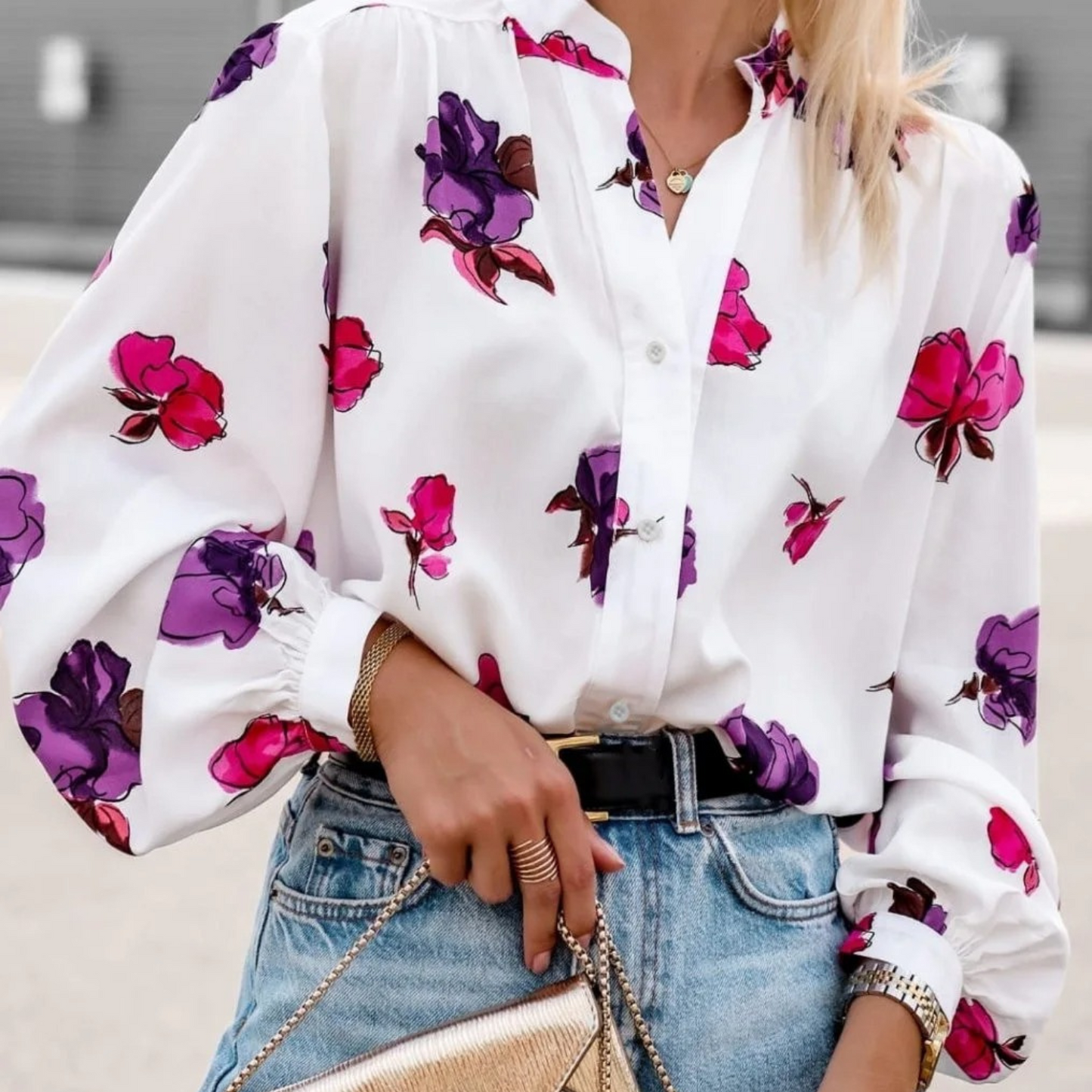 WW | White Elegant Women's Blouse with Floral Pattern and Collar