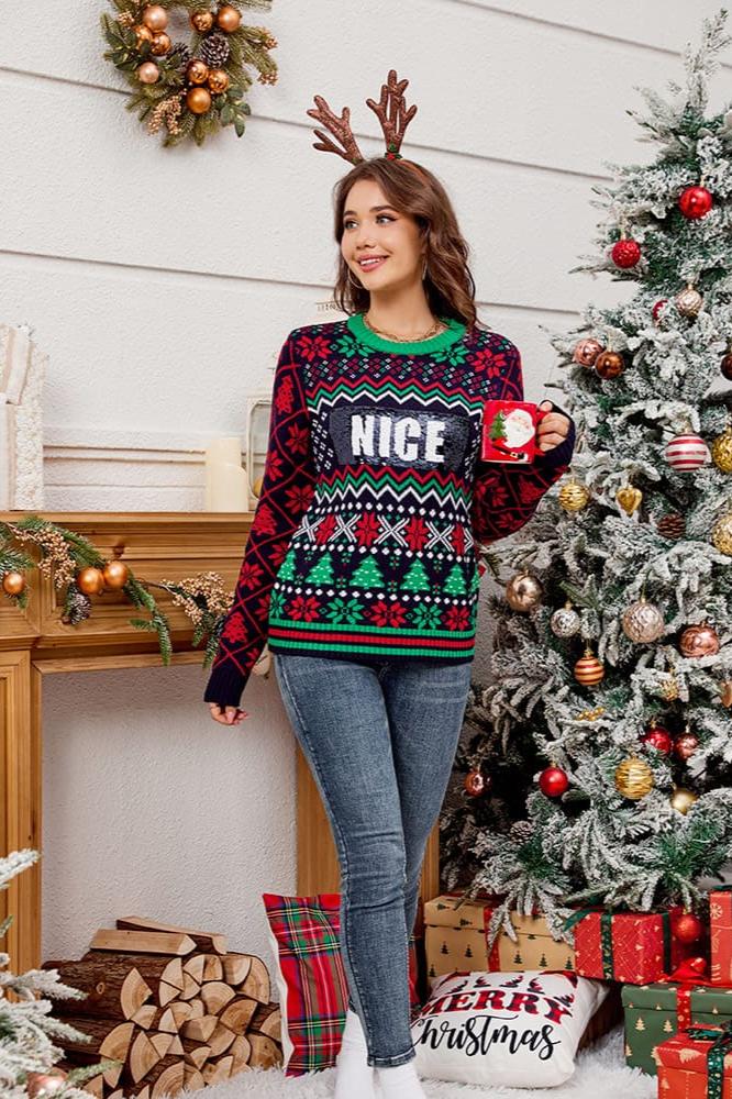WW | Pailletten bestickter Weihnachts-Jacquard-Strickpullover