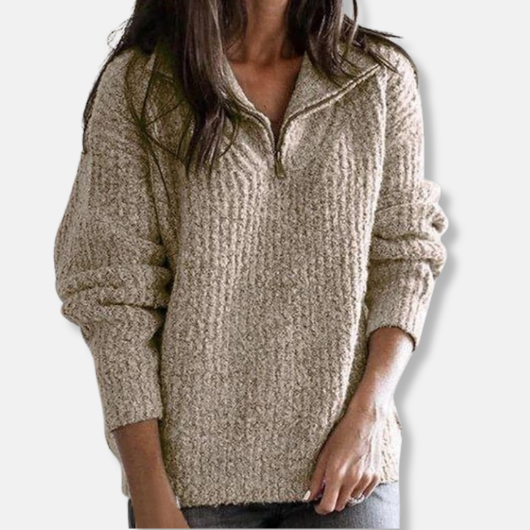 WW | Geripptes Halb-Reißverschluss-Kragenpullover - Solider Lässiger Schnitt Pullover