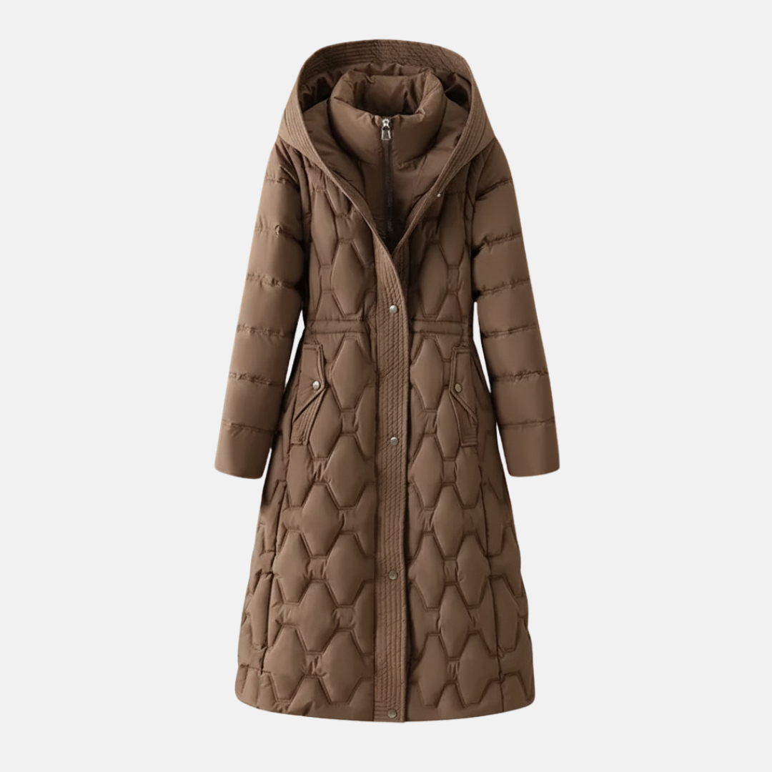 WW | Long Quilted Jacket Fitted Hood Press Studs Flap Pockets