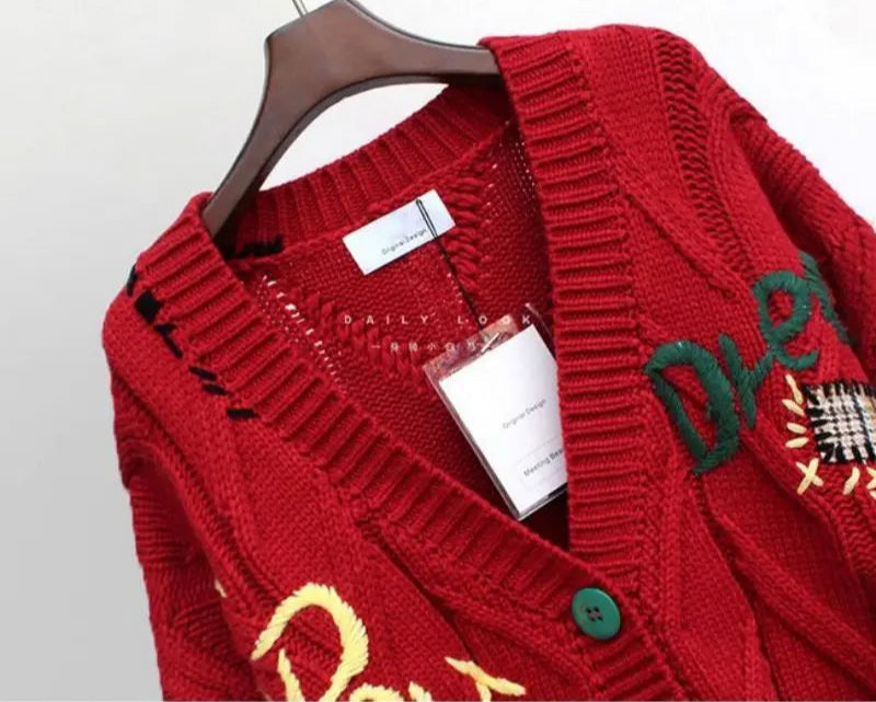 WW | Women's Knitted V-Neck Cardigan with Embroidery