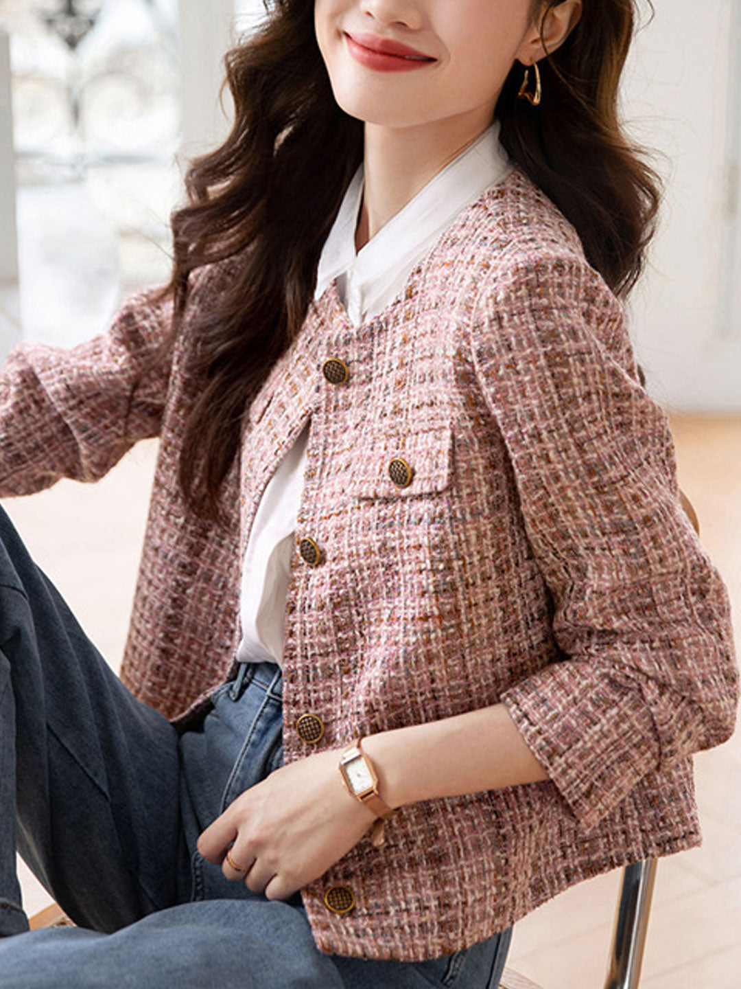 WW | Elegante Rundhals-Pink-Tweed-Jacke