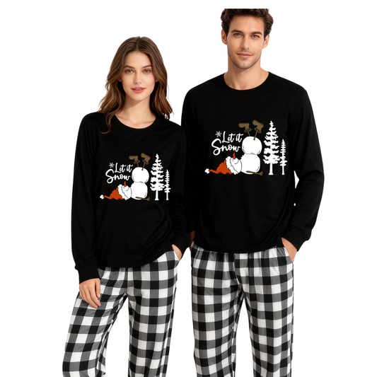 WW | "Let It Snow" Text and Snowman Prints Black and White Plaid Family Pajamas