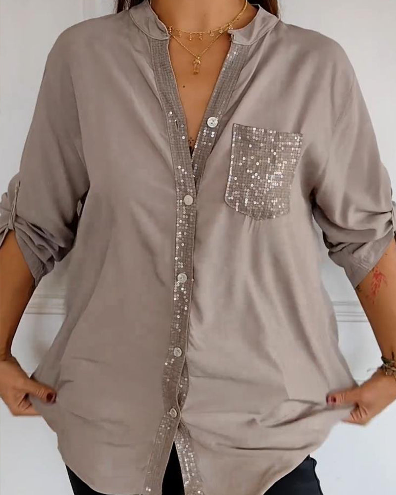 WW - Chic Blouse with Button Placket and Sequin Trim for Women | Elegant Long-Sleeved Blouse with Sequin Pocket