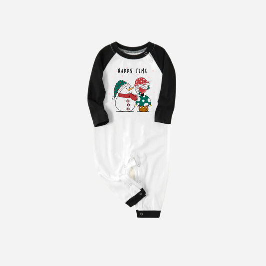 WW | Black Raglan Top Green Plaid Christmas Pajama Set With Snowman & Gnome & "Happy Time" Slogan Print