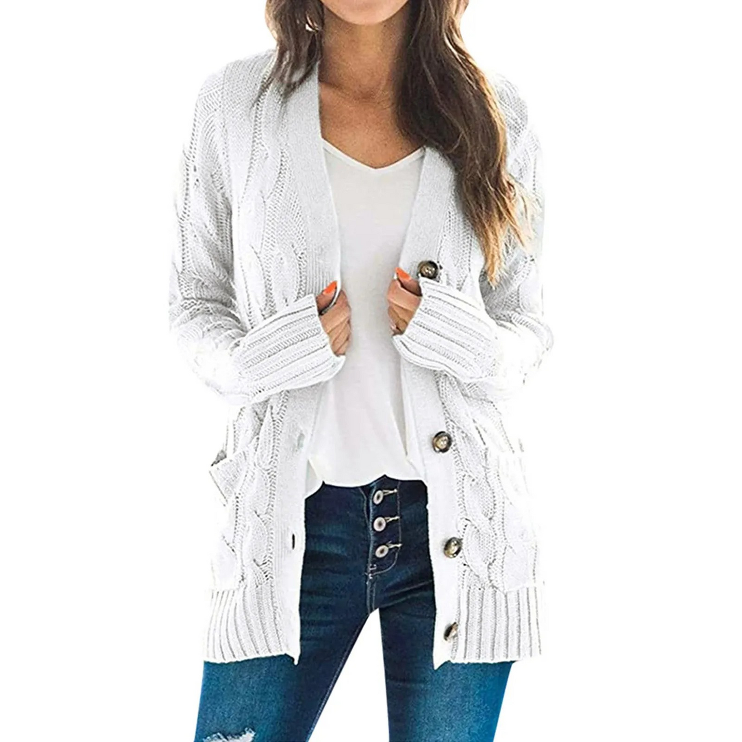 WW | Stylische Lange Strickjacke Für Damen Mit Knopfleiste