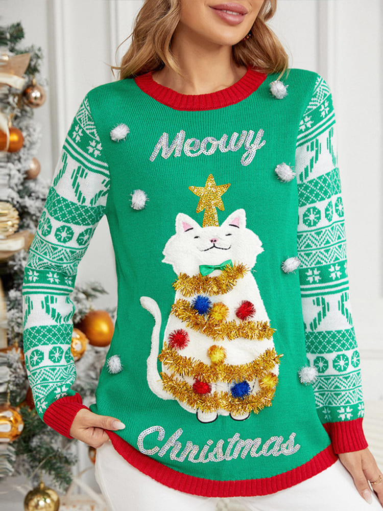 WW | Weihnachten Langarm Cat Appliqué Rundhals Pullover