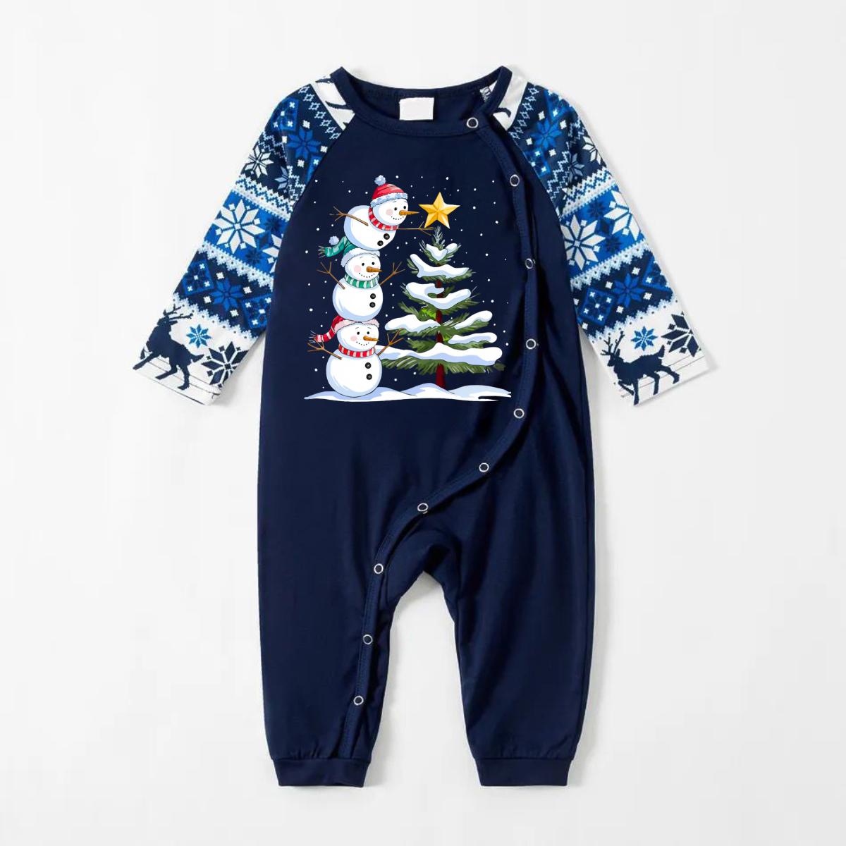 WW | Freude Blau Weihnachts-Pyjama-Set mit Schneemann- und Weihnachtsbaum-Print