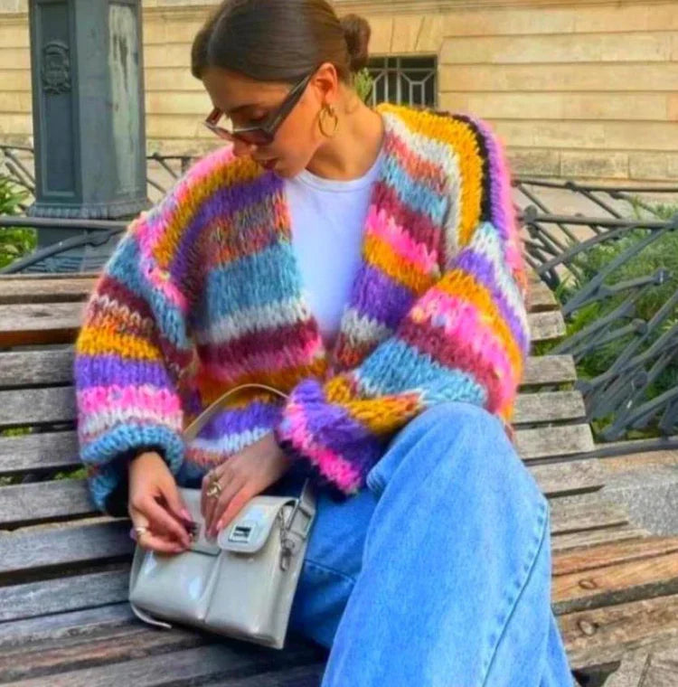 WW | karierter cardigan mit regenbogenstreifen
