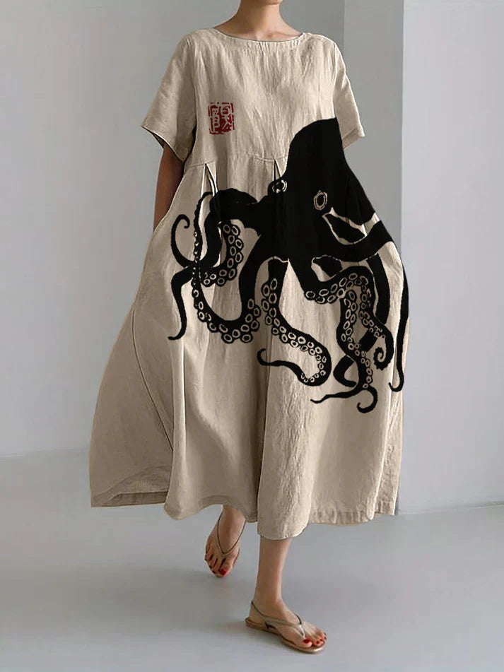 WW | Langes Kleid Aus Halbleinen Mit Japanischem Muster Aus Octopus Leinen