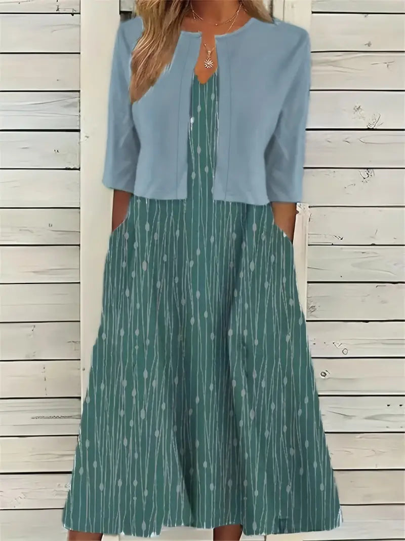 WW | Elegante Zweiteilige Blumenkleid-Set mit Einfarbigem Crop-Top und Rundhalskleid