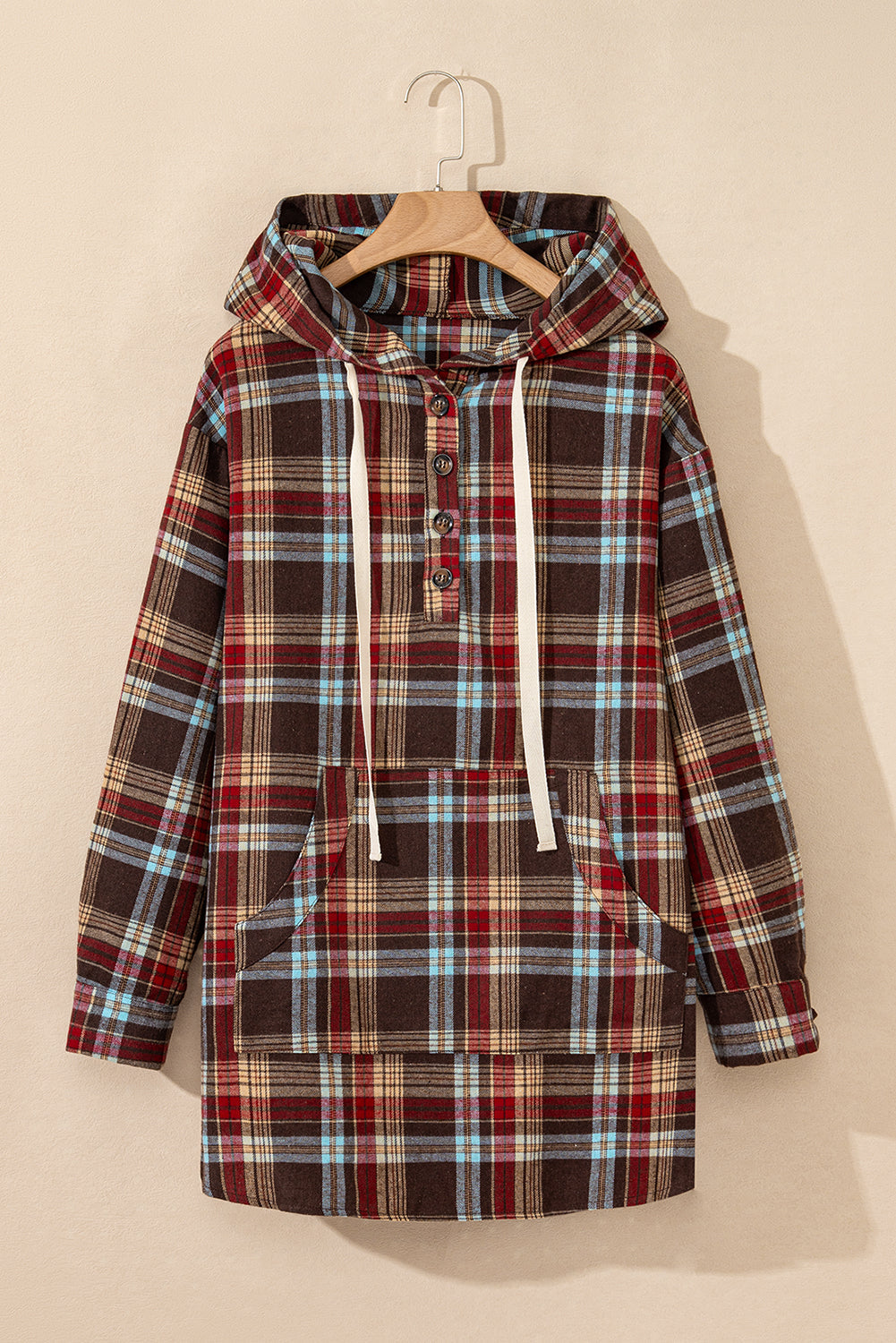 WW | Fiery Red Plus-Size Plaid Kangaroo Pocket Drawstring Hoodie