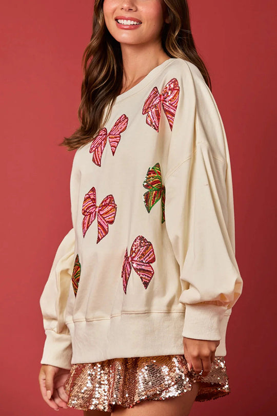 WW | Christmas Bow Sequin Loose Casual Long Sleeve Sweatshirt