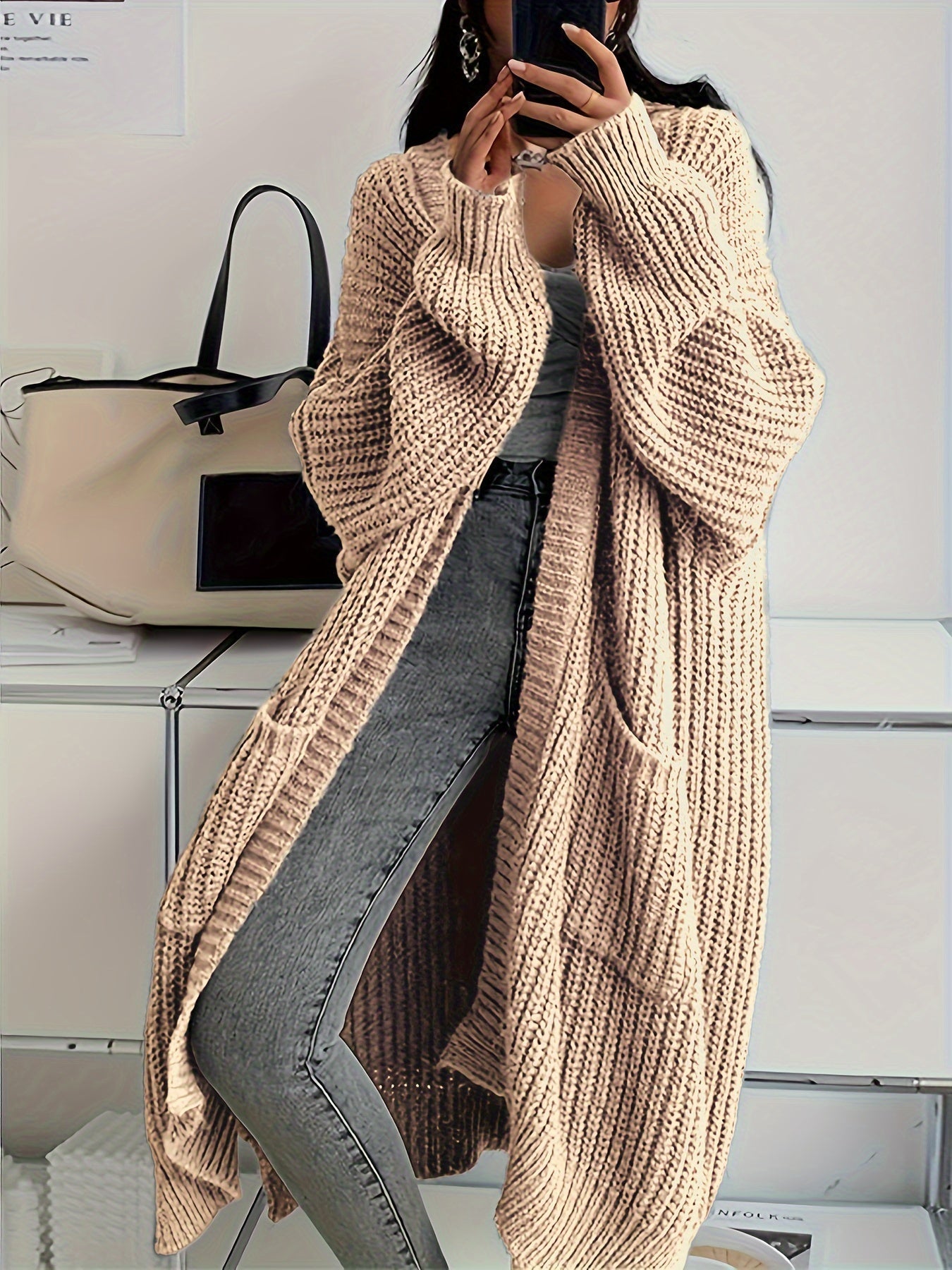 WW | Lange Aufgenähte Taschen Wolle Strickjacke Für Damen - Perfekt für Alltag