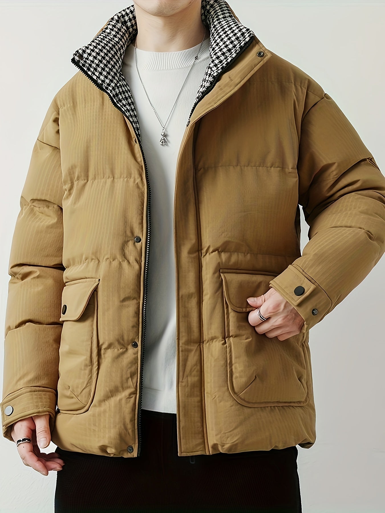 WW | Men's Winter Jacket with Stand-Up Collar - Warm Transitional Jacket with Large Pockets & Snap Fasteners
