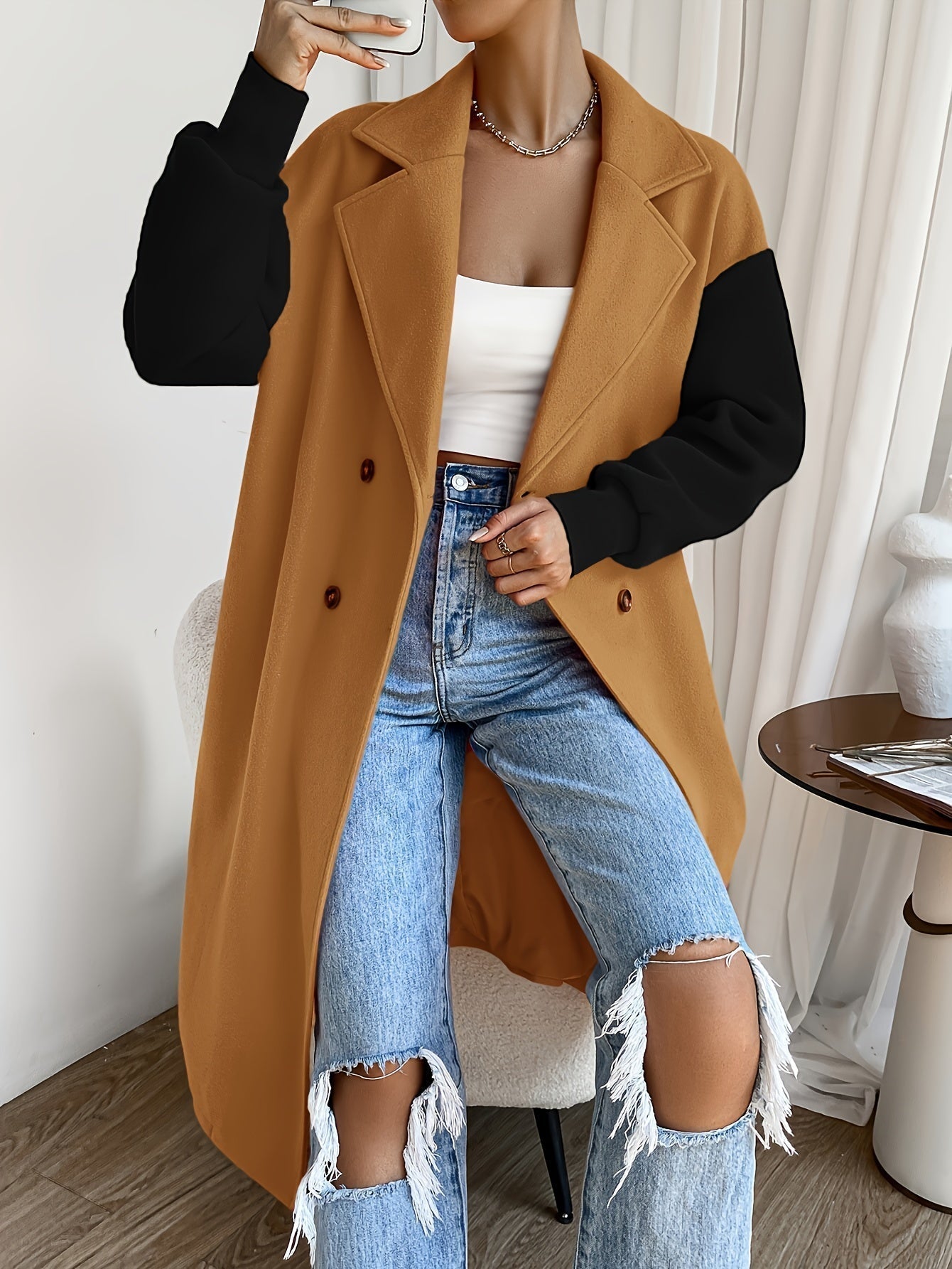 WW | Women's Trench Coat with Belt Detail and Mid-Length Windproof Design - Ideal for Autumn