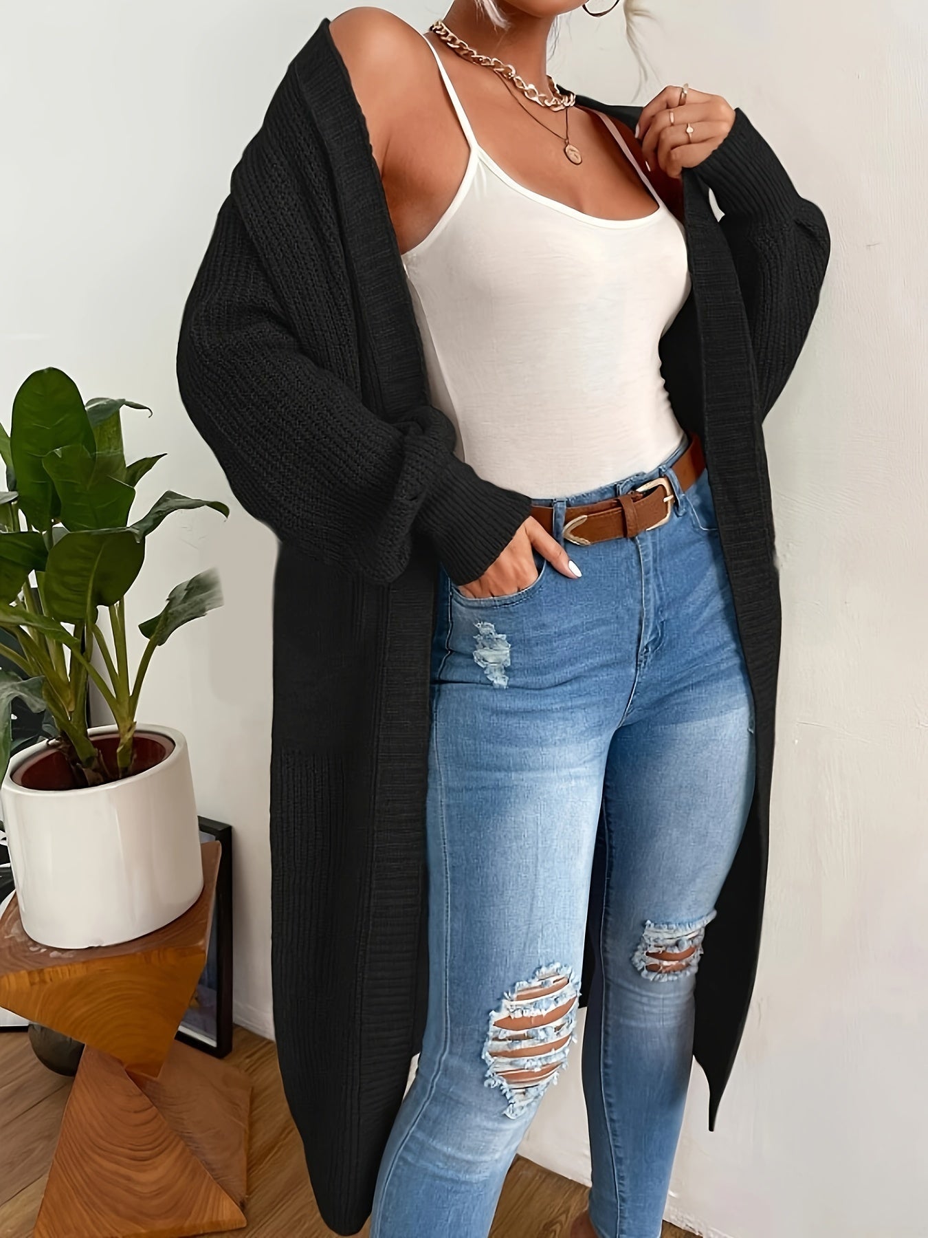 WW | Damen Strickcardigan - Offener Grobstrickmantel mit Taschen & lockerer Passform