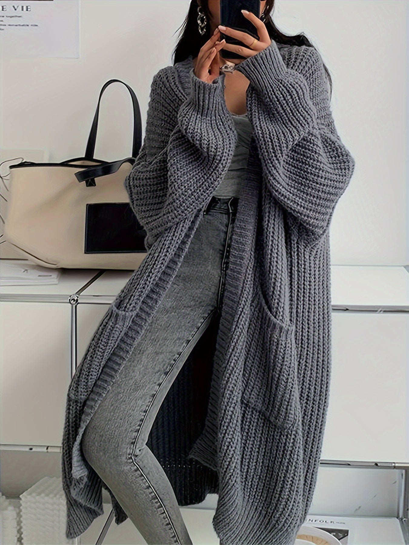 WW | Lange Aufgenähte Taschen Wolle Strickjacke Für Damen - Perfekt für Alltag