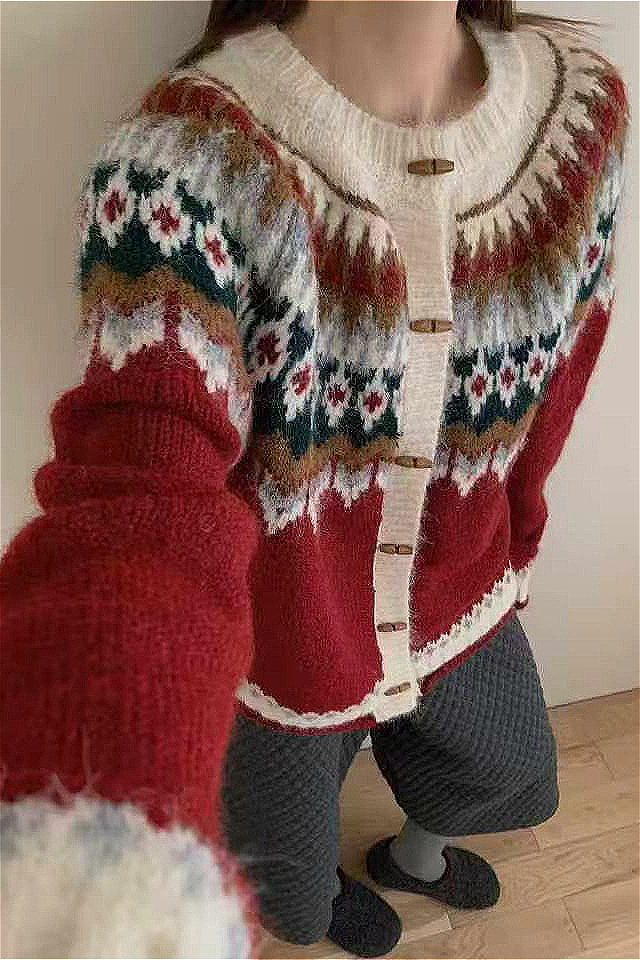 WW | Rundhals Fair Isle Weihnachten Hornknopf Strickjacke