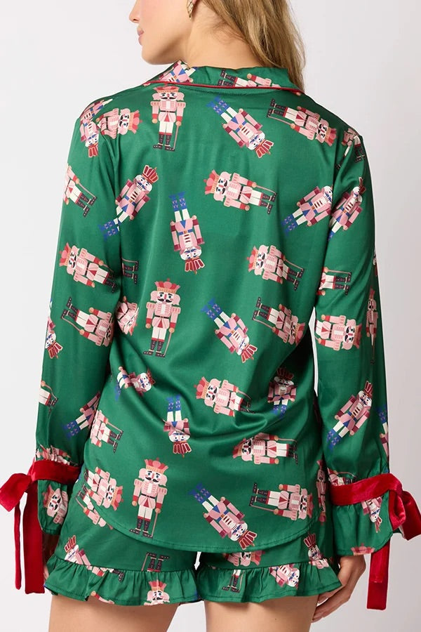 WW | Weihnachten Mode Gedruckte Fliege Oberteil und Elastischer Taillen Rüschenshorts Set
