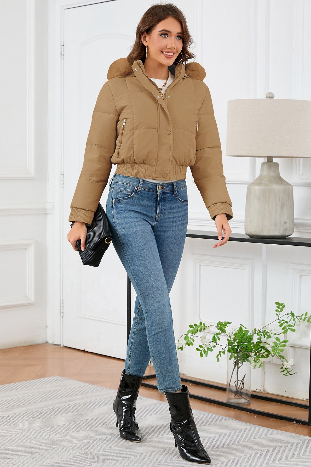 WW | Hohe Taille Kunstpelz Kapuze Pufferjacke