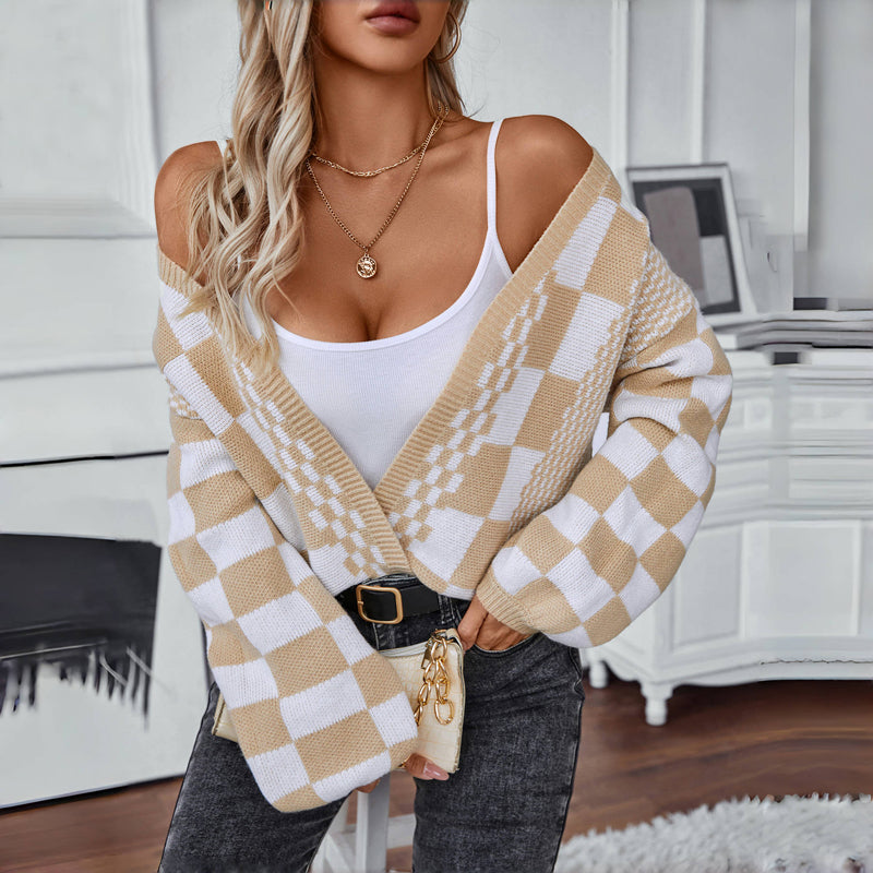 WW | Kariert Gestrickte Strickjacke für Damen
