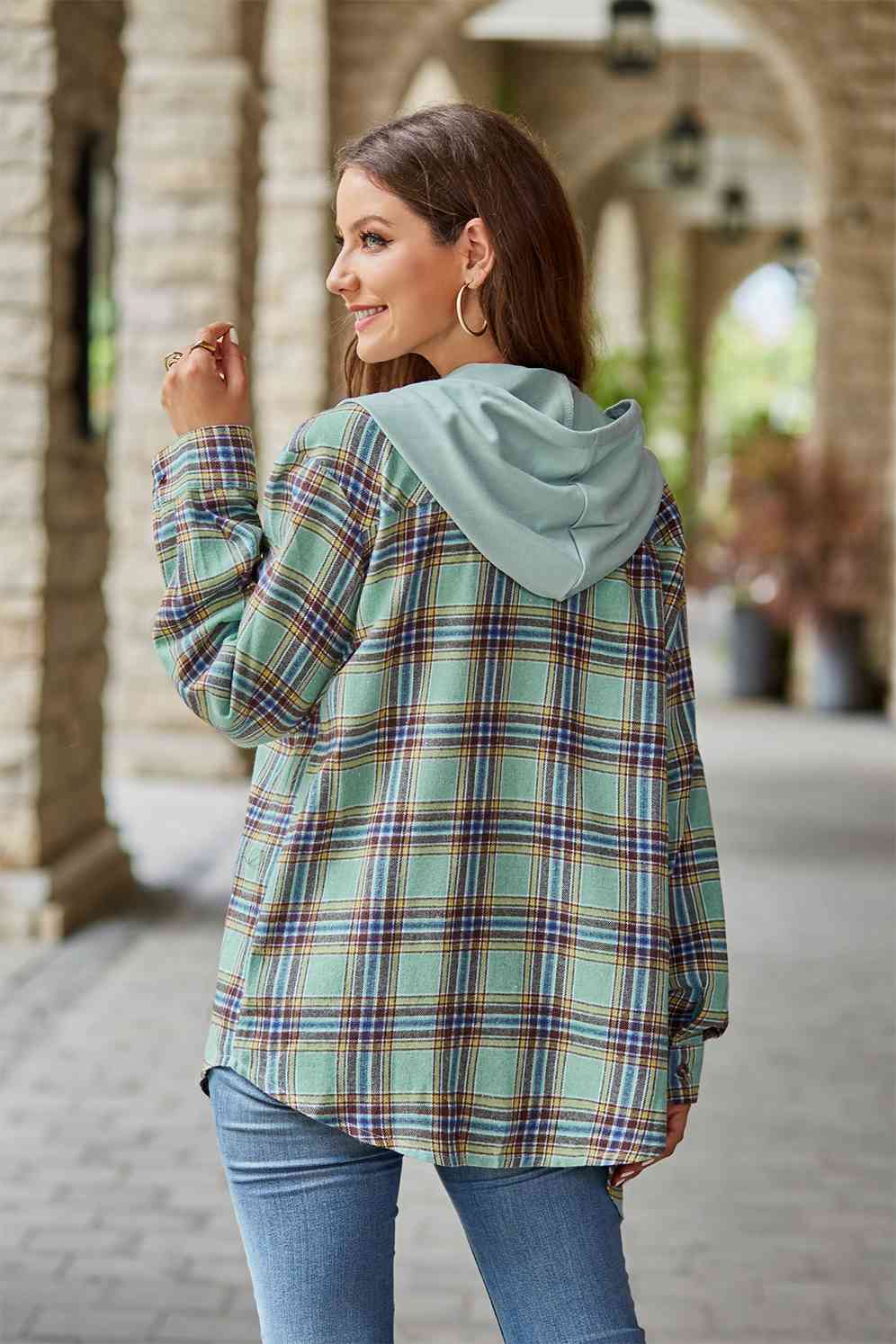 WW | Plaid Long-Sleeved Hooded Jacket