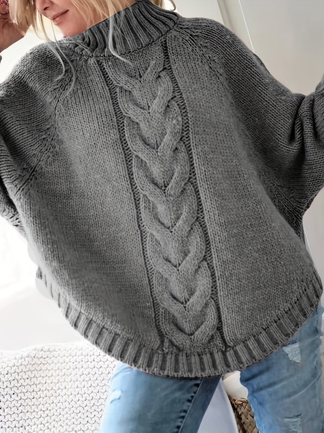 WW | Cable Knit Sweater Poncho Design High Neck Oversized Fit