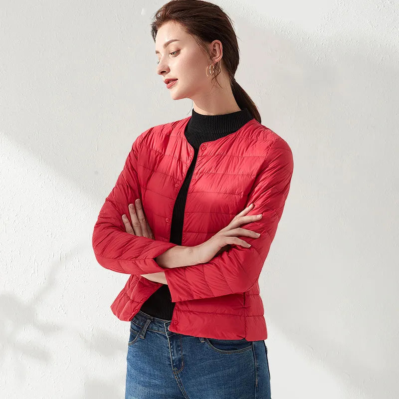 WW | Lightweight, collarless, and form-fitting quilted jacket for women