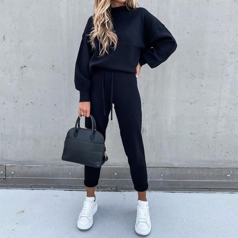 WW | Gemütlicher Anzug Lässiger Pullover Mit Ballonärmeln Hochtaillierte Jogginghosen Mit Kordelzug
