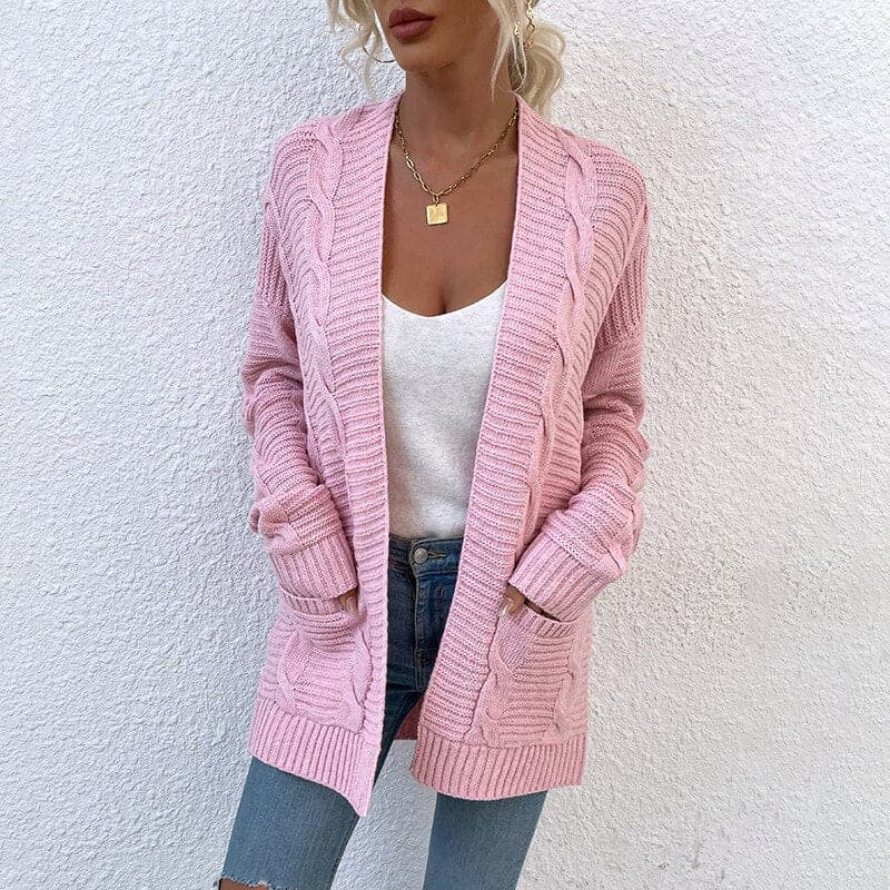 WW | Strickjacke Gestrickte Kabelmuster Offene Vorderseite Langärmlig Mit Taschen