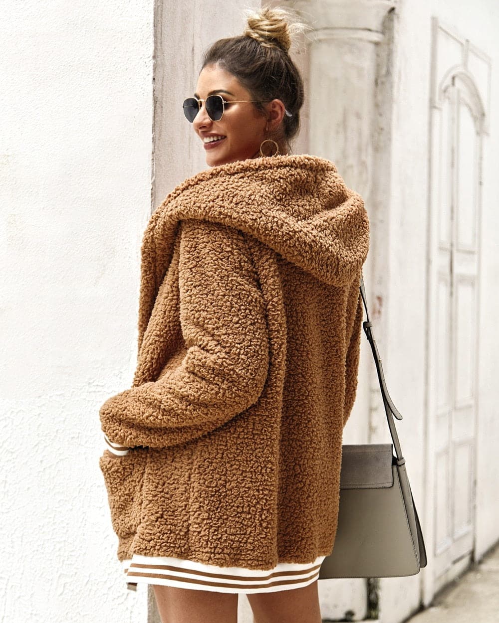 WW | Fleecejacke Übergroß Sherpa Kapuze Und Große Taschen Weich Und Warm