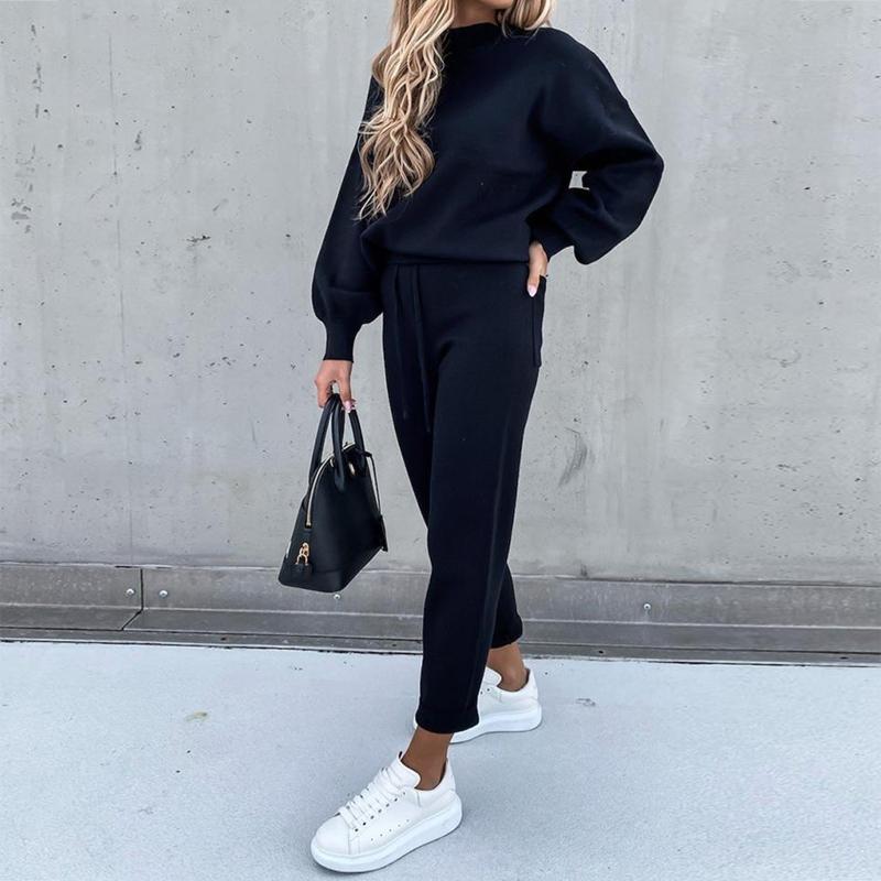 WW | Gemütlicher Anzug Lässiger Pullover Mit Ballonärmeln Hochtaillierte Jogginghosen Mit Kordelzug
