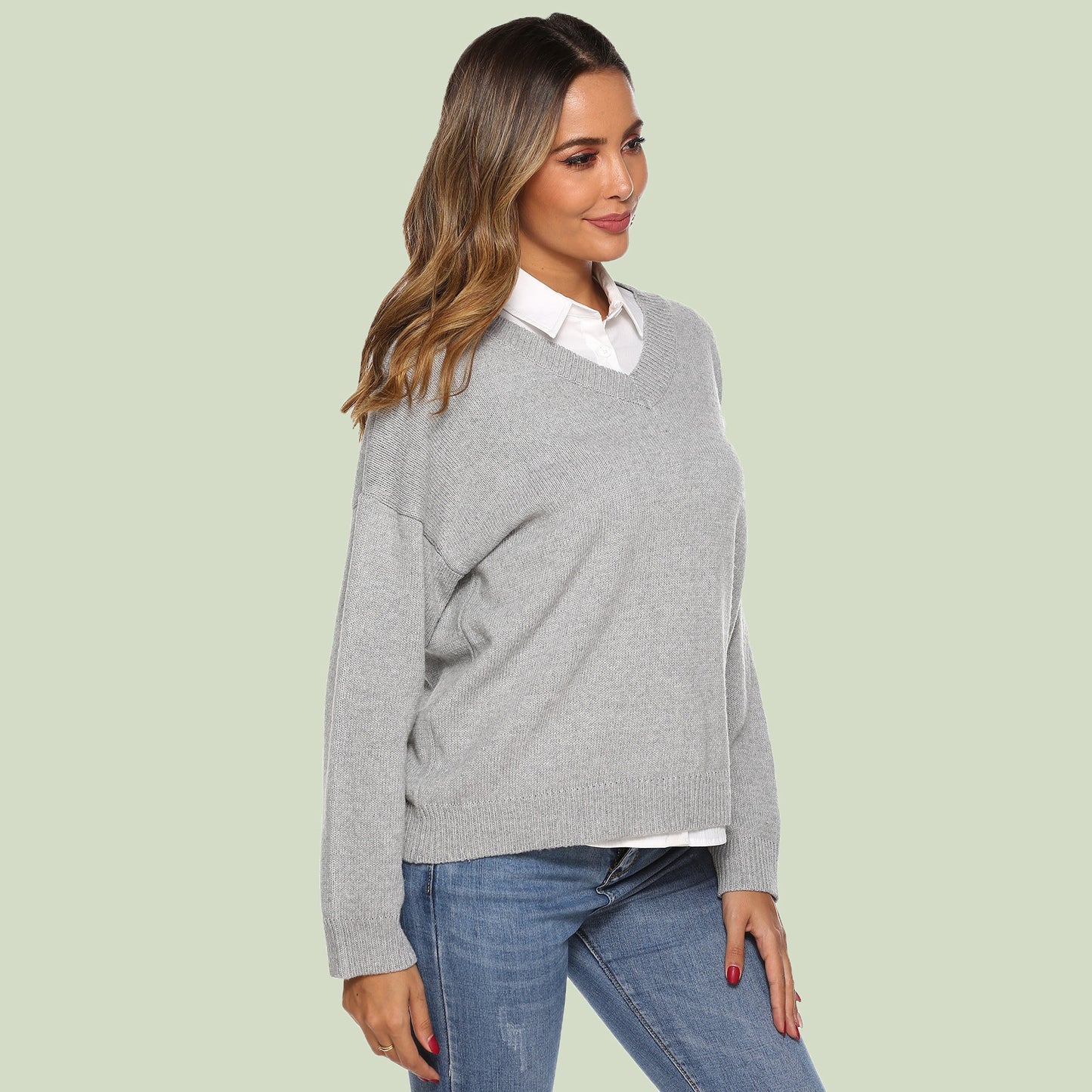 WW | Strickpullover - V-Ausschnitt - Lockere Passform - Lange Ärmel - Weich und Bequem