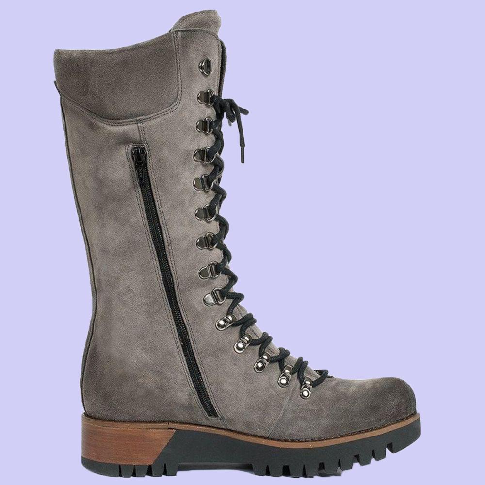 WW | Knielange Schnürstiefel Wildleder Robuste Sohle Reißverschluss Bequeme Passform