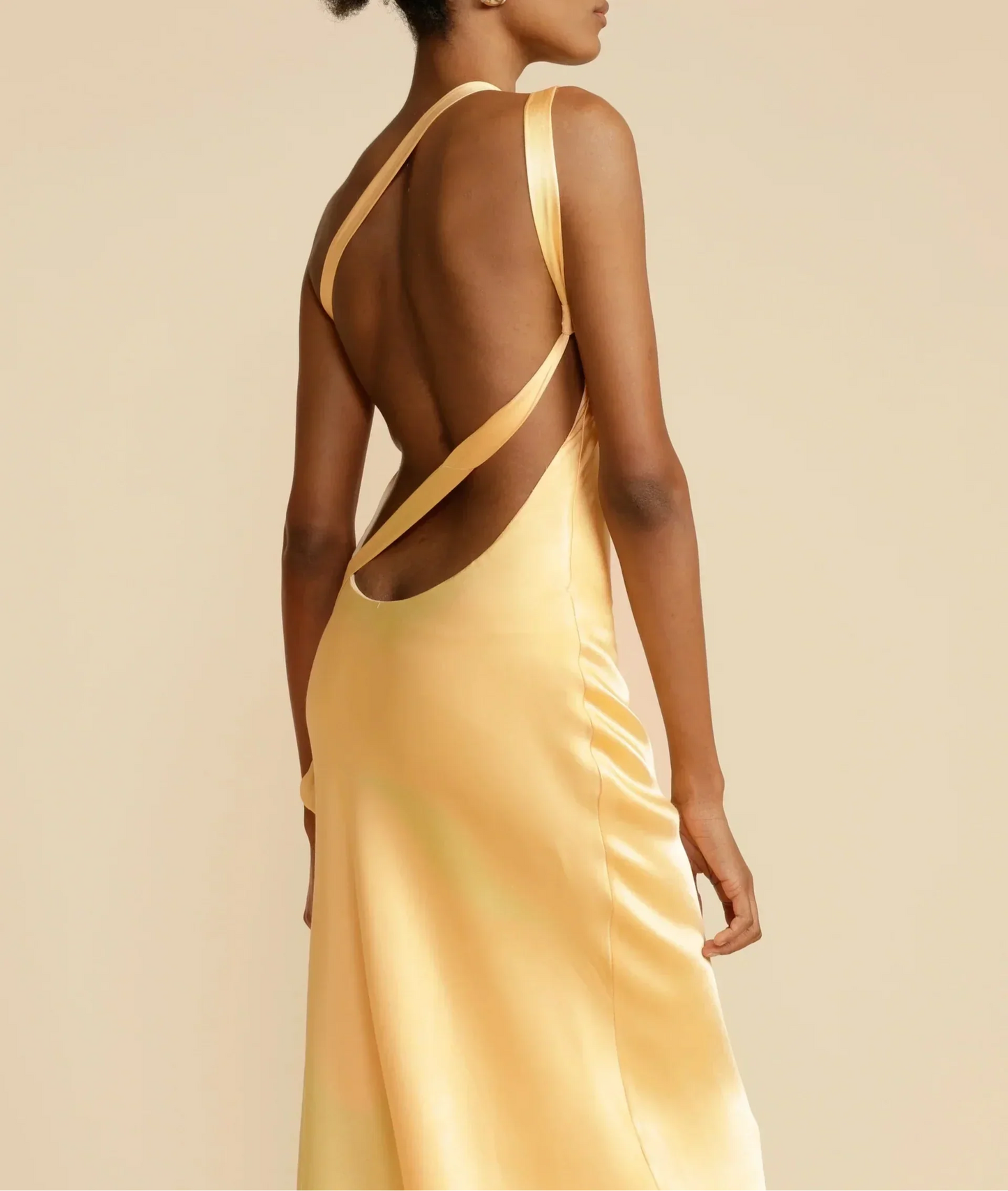 Long satin dress with asymmetric one-shoulder design and open back